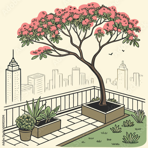 Vibrant rooftop garden featuring a lush krishnachura tree in full bloom showcasing a beautiful urban oasis with colorful flowers and greenery