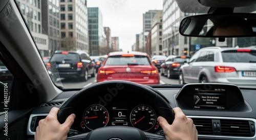 Person driving car in city traffic, first person view. Urban commute and daily transport concept.