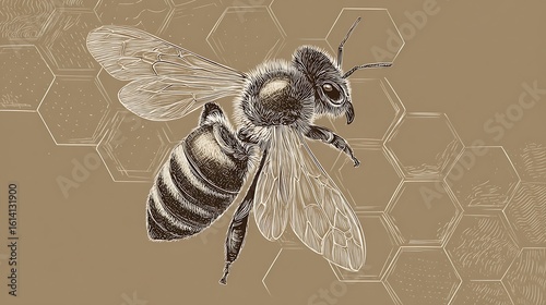 Honeybee flies against a honeycomb background. Illustration for honey products, apiculture, or nature-themed designs.
