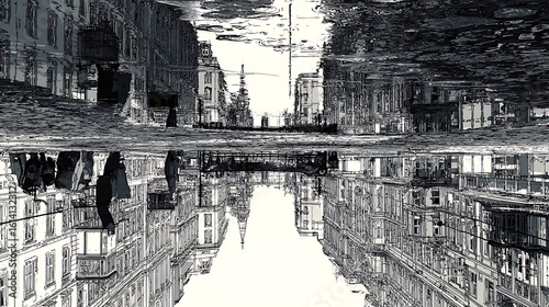 Buildings reflect in water, creating an abstract monochrome scene. Architecture, reflection, city concept. Use for design, marketing, editorial.