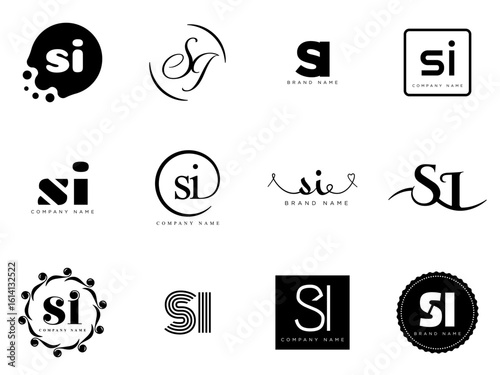 SI logo company template. Letter s and i logotype. Set different classic serif lettering and modern bold text with design elements. Initial font typography.
