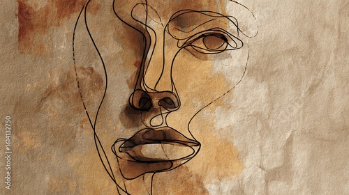 Abstract line art depicts female face on textured paper. Use for wall art, website design, branding, and editorial.