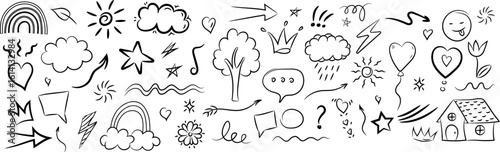 Hand-drawn heart sketch set created with chalk, crayon, and pencil textures. Includes doodle elements like arrows, clouds, and flowers in a playful, pastel, childlike style. Perfect for children's des