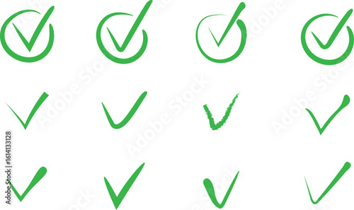 Vector illustration of a set of green check marks. Simple and clear symbols for confirmation, approval, success, or correctness in user interface design and digital applications.