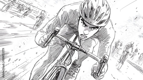 Cyclist races ahead in manga style illustration. Energetic racer illustration for marketing, web design, and editorial use.