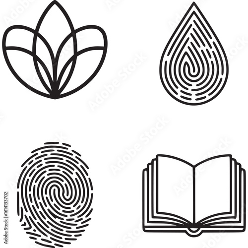 A set of four line art icons featuring a flower, water drop, fingerprint, and open book on gray background on transparent background