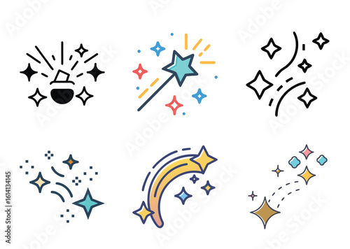 Magical Vector Icon Set with Potions, Wands, and Shooting Stars for Projects