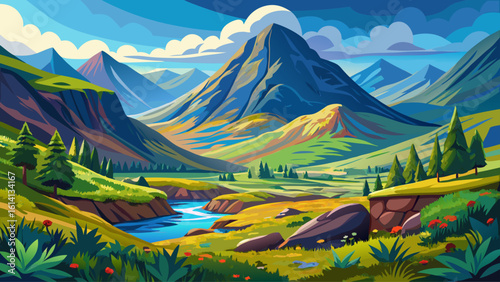 Beautiful mountain and valley landscape in Glencoe, Scotland with lush forest under a clear blue sky.