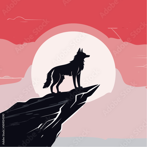 A solitary wolf silhouette stands proudly on a mountain cliff, overlooking the landscape against a dramatic red sky and large sun