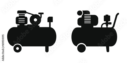 Air Compressor Icon Set – Vector Silhouette Collection for Industrial, Workshop, Garage, Construction, Pneumatic Tools, Maintenance, Black and White, SVG, PNG, Clipart, Editable