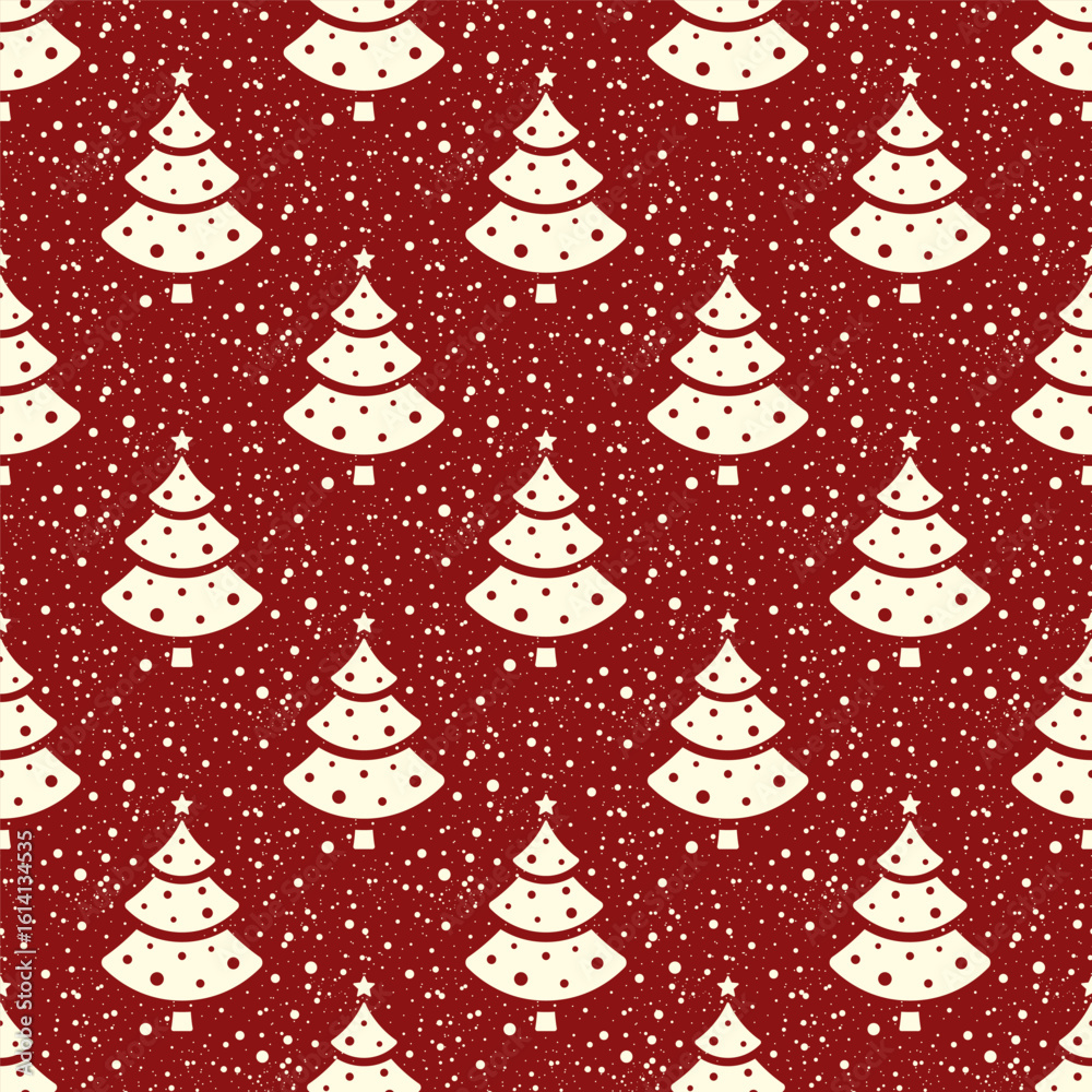 Obraz premium Small white Christmas trees and snowflakes isolated on red background. Cute monochrome seamless pattern. Vector simple flat graphic illustration. Texture.