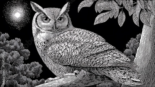 Engraved owl sits in a tree, moonlight, ideal for marketing, editorial, or web projects.