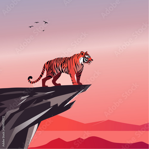 A powerful wild tiger perches on a cliff's edge, embodying strength and solitude against a dramatic sunset sky