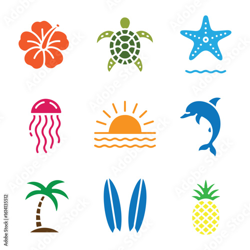 Vibrant Tropical Beach Icons Set with Hibiscus, Jellyfish, Sea Turtle, Starfish, Sunset, Dolphin, Palm Tree, Surfboards, and Pineapple for Summer and Vacation Themes, Illustration, Graphic Design