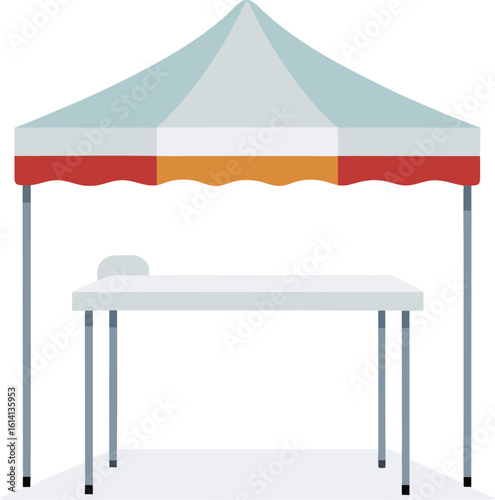 Outdoor event tent with a table and a small stool
