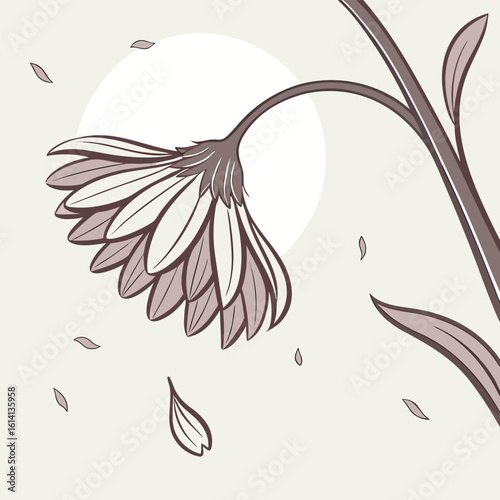 A single delicate flower petal gracefully detaches and drifts downwards captured in a detailed vector illustration symbolizing natural decay and beauty