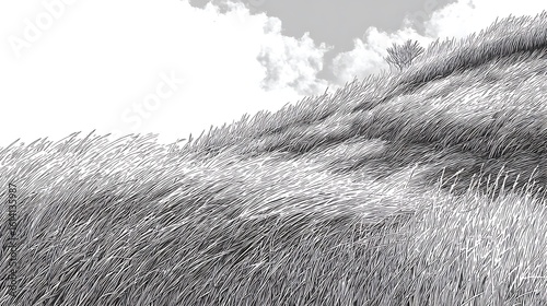 Grass sways on a windy slope under cloudy sky. Graphic resource. For design, editorial, web use, marketing, texture, background.
