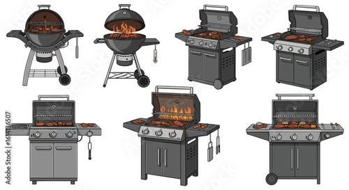 A collection of various charcoal and gas grills with food cooking on them in an outdoor setting image