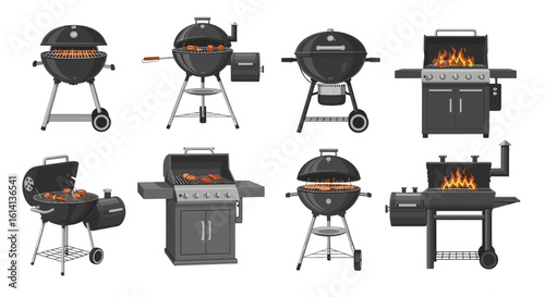 Illustration of various charcoal and gas grills with different designs and configurations for outdoor cooking