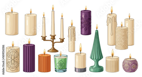 Illustration showing a collection of various lit candles in different shapes sizes and colors on white background