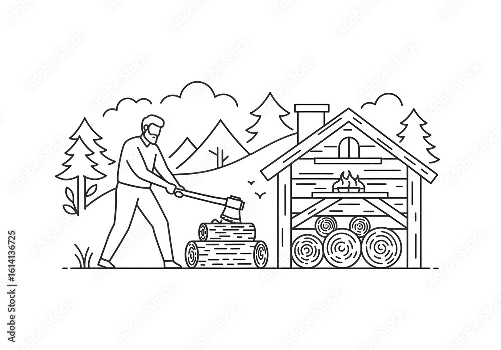 Naklejka premium Outdoor Wood Chopping Scene Beside a Rustic Log Cabin in Mountainous Forest