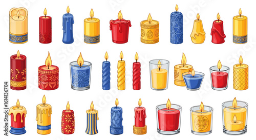 Collection of various colorful candles with different shapes and sizes displayed in a group setting