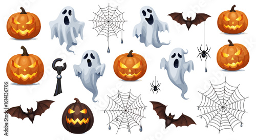 Collection of halloween themed illustrations featuring pumpkins ghosts bats and spiderwebs in a festive arrangement