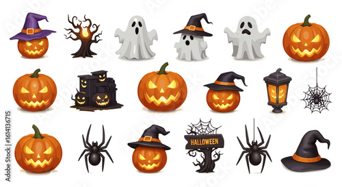 A collection of halloween themed decorations including pumpkins ghosts spiders and a haunted house displayed