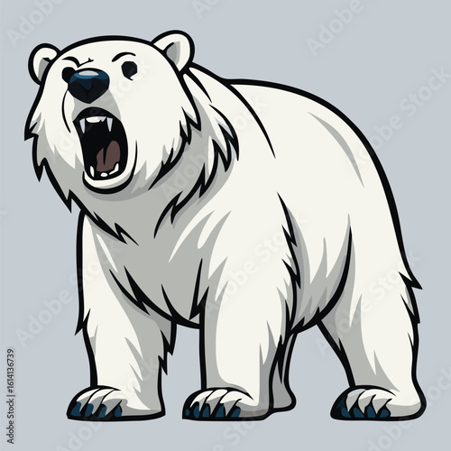 Cartoon polar bear roars, showcasing its sharp teeth and mighty paws on a gray background