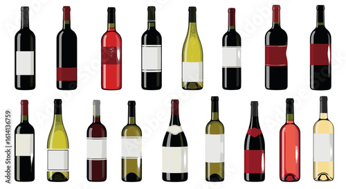 Assortment of wine bottles in various shapes and colors arranged in two rows on a white background