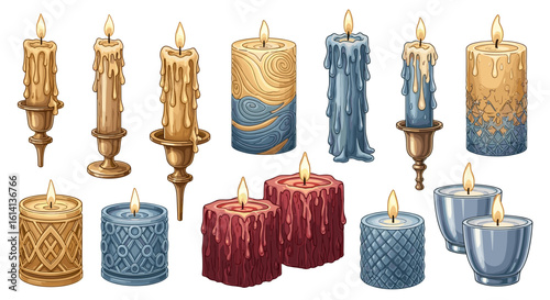 Illustration featuring a collection of decorative candles in various shapes colors and designs lit up