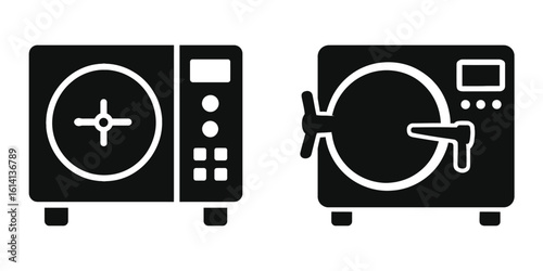Autoclave Sterilizer Icon Set, Medical Equipment Vector Illustration, Laboratory Sterilization Device Symbols, Black and White Isolated Clip art for Healthcare, Hospital, Dental, and Scientific Use