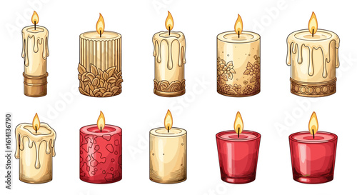 Assortment of ten lit candles with varying designs and colors arranged in two rows on a white background