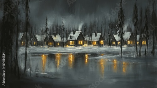 Snowy village by a frozen lake at night