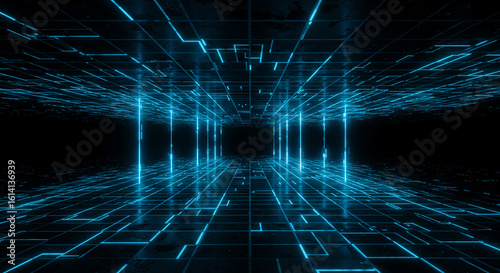 Wallpaper Mural A futuristic grid tunnel with glowing blue lines and a dark background creating a digital space Torontodigital.ca