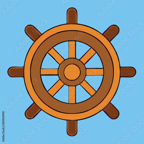 Cartoon ship wheel featuring brown wood on a light blue isolated background is displayed