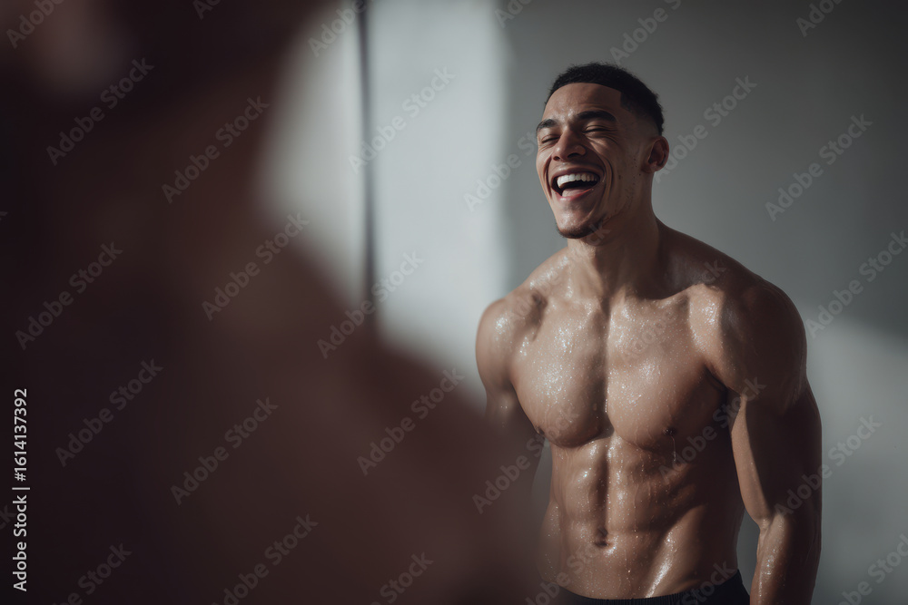 Fototapeta premium young man is laughing joyfully during break between his workout sessions appreciating moment