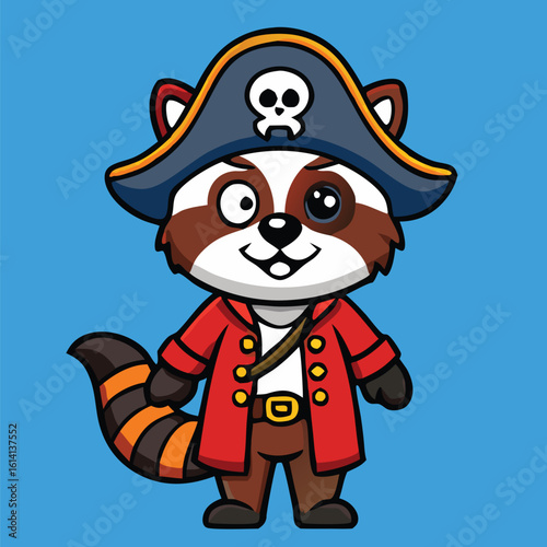 Cartoon raccoon pirate with eye patch smiles while dressed in a red coat against blue