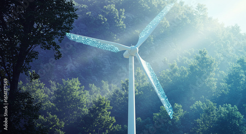 Wallpaper Mural A wind turbine with circuit patterns on its blades standing amidst a dense green forest landscape Torontodigital.ca