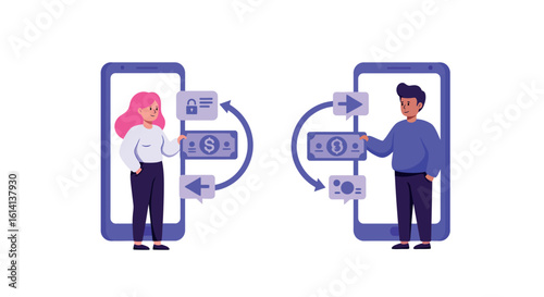 Digital money transfer concept with people exchanging currency via mobile phones