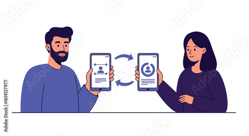 People exchanging contacts via smartphone: modern communication concept in flat illustration