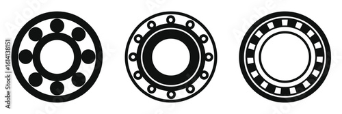 Set of Ball Bearing Vector Icons Isolated on White Background, Mechanical Engineering Parts, Industrial Machine Elements, Black and White Illustration, Simple Flat Design, Technical Drawing Clipart