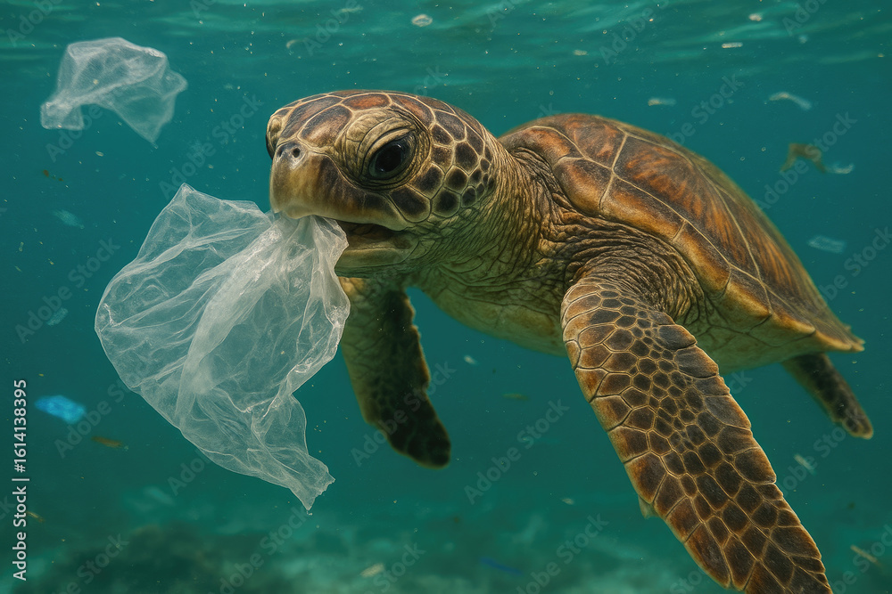 Fototapeta premium Juvenile sea turtle nibbling plastic bag mistaken for jellyfish close up underwater surrounded by litter blue green seawater editorial emotional impact high detail environmental issue