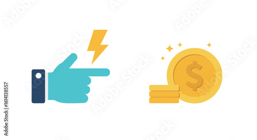 Energetic hand pointing at shiny gold coins with dollar sign