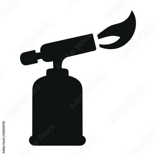 Blowtorch Icon Vector Illustration – Black Silhouette of Gas Torch with Flame, Industrial Tool, Welding Equipment, Cooking Torch, Isolated on White Background, Editable Clipart 