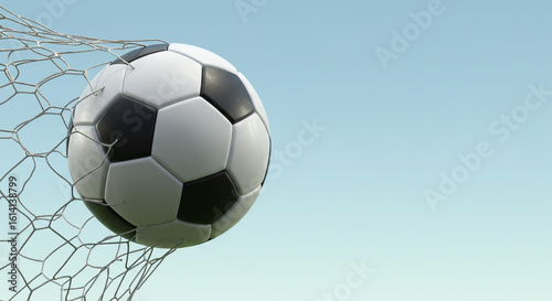 A soccer ball caught in a net against a light blue background in a sports themed illustration