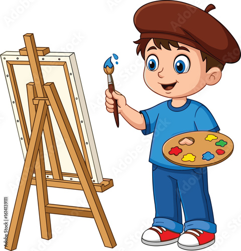 Cartoon artist character, painting pose, beret hat, blue outfit, holding brush and palette, easel setup, cad style flat vector