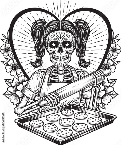 Skeleton Girl with Braids Baking Cookies with Heart Background in Cute Gothic Style