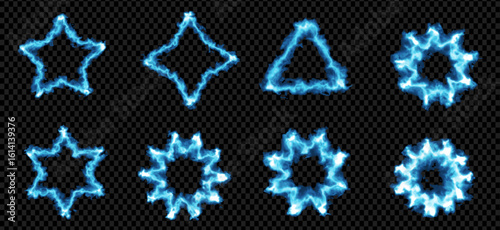 Collection of geometric elements - blue translucent shapes with shining borders on a dark background.