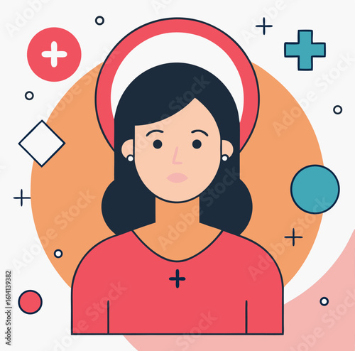 Cartoon portrait of a young woman with dark hair and red shirt, transparent background